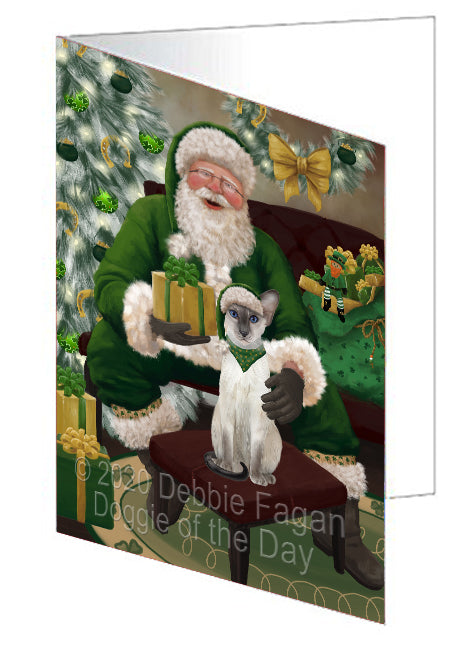 Christmas Irish Santa with Gift and Oriental Blue-Point Siamese Cat Handmade Artwork Assorted Pets Greeting Cards and Note Cards with Envelopes for All Occasions and Holiday Seasons GCD75905
