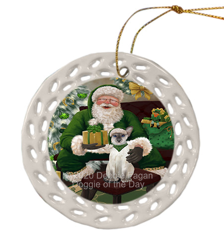 Christmas Irish Santa with Gift and Oriental Blue-Point Siamese Cat Doily Ornament DPOR59507