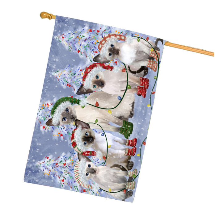 Christmas Lights and Oriental Blue Point Siamese Cats House Flag Outdoor Decorative Double Sided Pet Portrait Weather Resistant Premium Quality Animal Printed Home Decorative Flags 100% Polyester