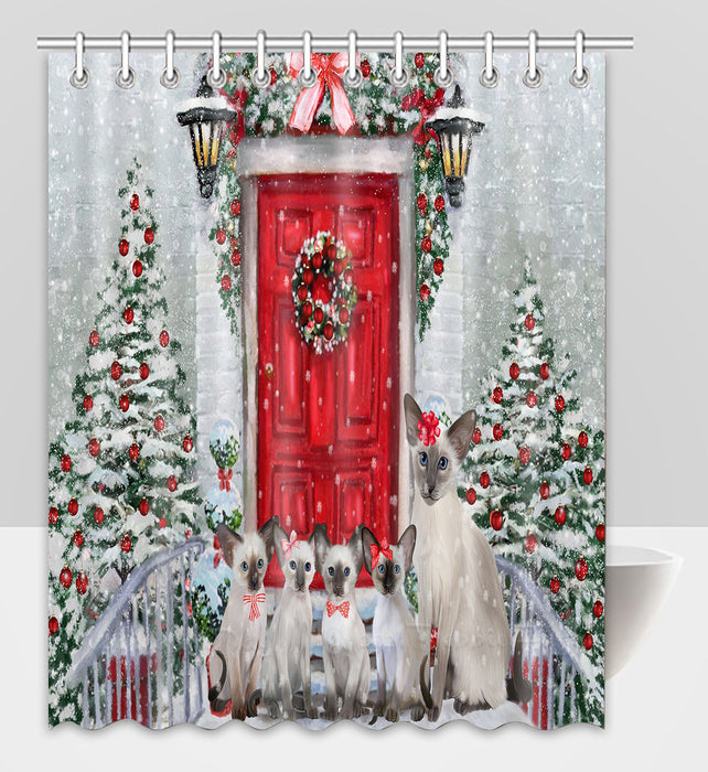 Christmas Holiday Welcome Oriental Blue Point Siamese Cats Shower Curtain Pet Painting Bathtub Curtain Waterproof Polyester One-Side Printing Decor Bath Tub Curtain for Bathroom with Hooks