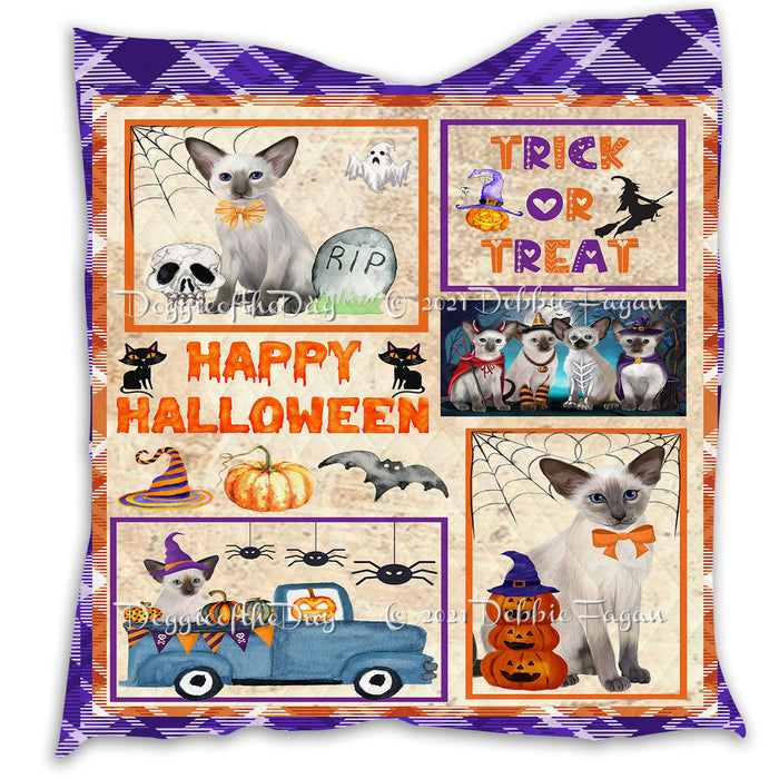 Happy Halloween Trick or Treat Pumpkin Oriental Blue Point Siamese Cats Lightweight Soft Bedspread Coverlet Bedding Quilt QUILT61001
