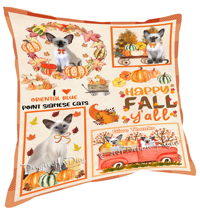 Happy Fall Y'all Pumpkin Oriental Blue Point Siamese Cats Pillow with Top Quality High-Resolution Images - Ultra Soft Pet Pillows for Sleeping - Reversible & Comfort - Ideal Gift for Dog Lover - Cushion for Sofa Couch Bed - 100% Polyester