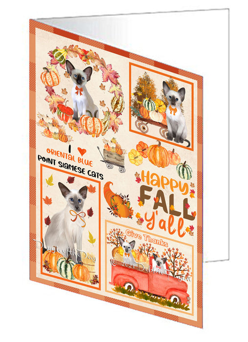 Happy Fall Y'all Pumpkin Oriental Blue Point Siamese Cats Handmade Artwork Assorted Pets Greeting Cards and Note Cards with Envelopes for All Occasions and Holiday Seasons GCD77069