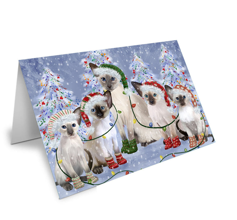 Christmas Lights and Oriental Blue Point Siamese Cats Handmade Artwork Assorted Pets Greeting Cards and Note Cards with Envelopes for All Occasions and Holiday Seasons