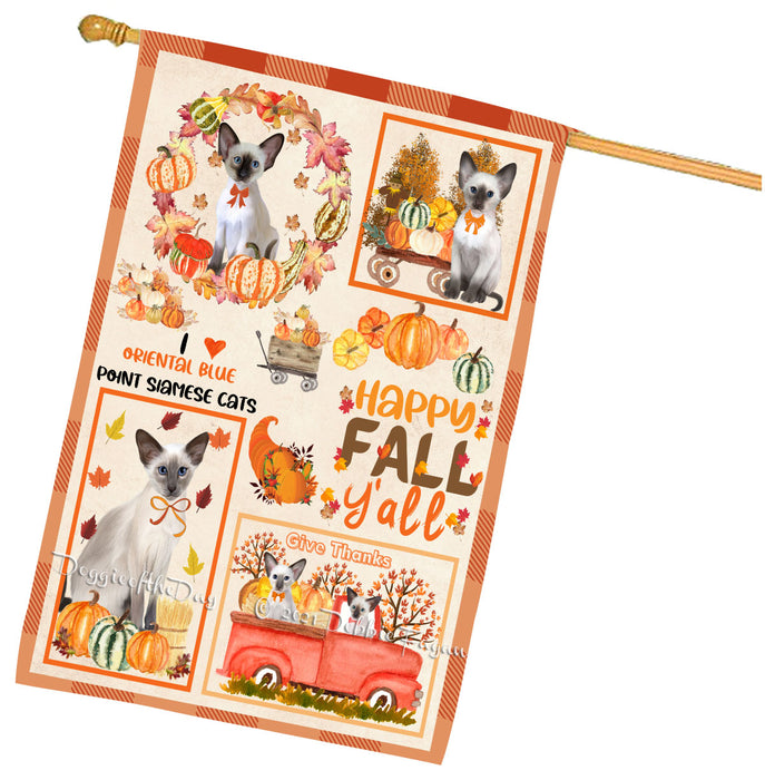Happy Fall Y'all Pumpkin Oriental Blue Point Siamese Cats House Flag Outdoor Decorative Double Sided Pet Portrait Weather Resistant Premium Quality Animal Printed Home Decorative Flags 100% Polyester