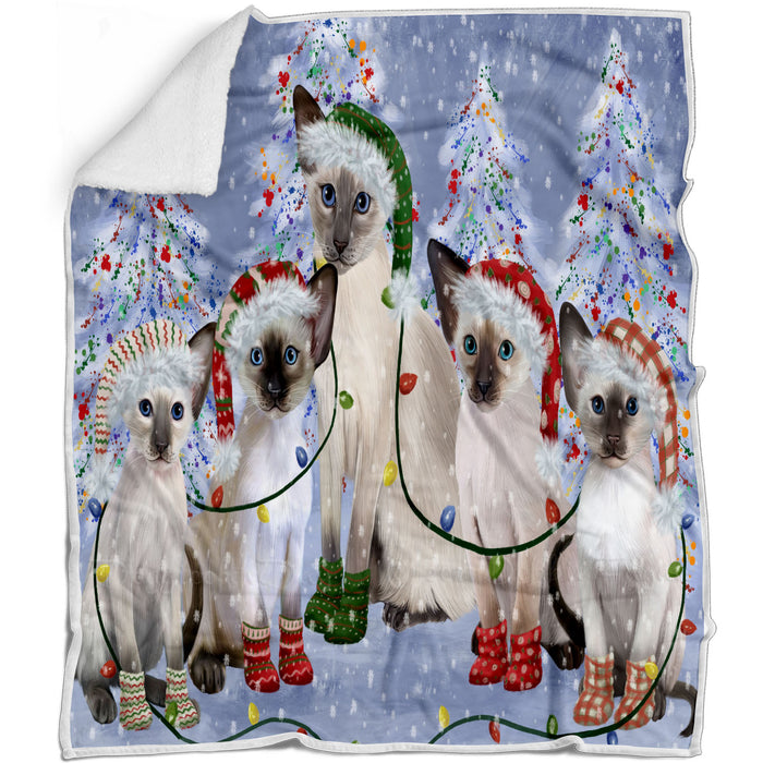 Christmas Lights and Oriental Blue Point Siamese Cats Blanket - Lightweight Soft Cozy and Durable Bed Blanket - Animal Theme Fuzzy Blanket for Sofa Couch