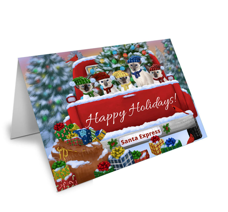Christmas Red Truck Travlin Home for the Holidays Oriental Blue Point Siamese Cats Handmade Artwork Assorted Pets Greeting Cards and Note Cards with Envelopes for All Occasions and Holiday Seasons