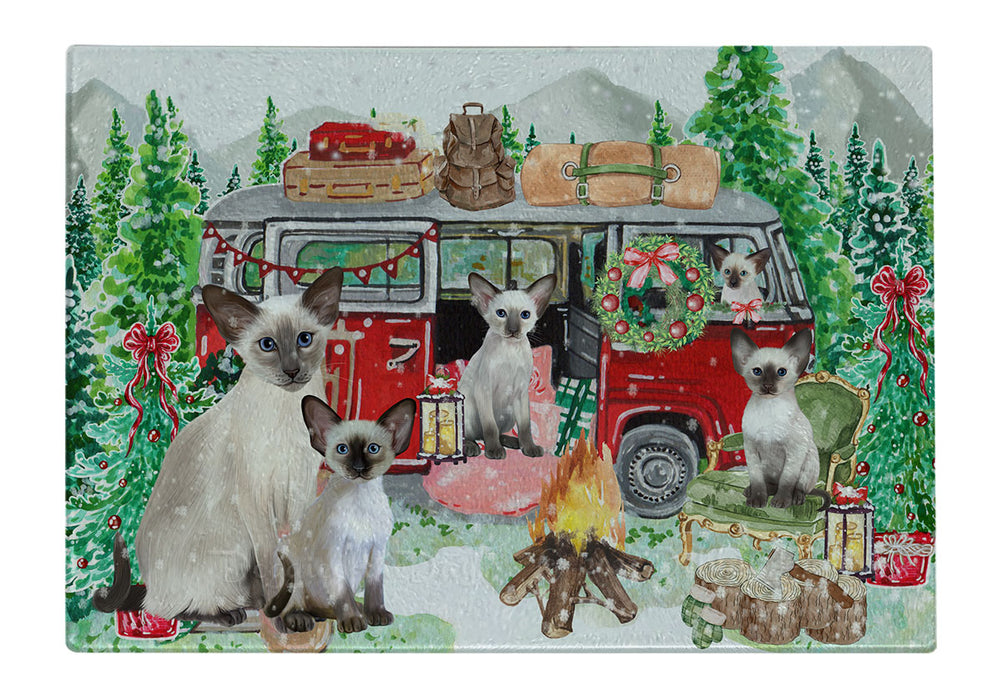 Christmas Time Camping with Oriental Blue Point Siamese Cats Cutting Board - For Kitchen - Scratch & Stain Resistant - Designed To Stay In Place - Easy To Clean By Hand - Perfect for Chopping Meats, Vegetables