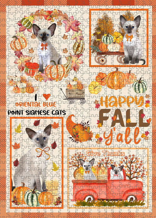 Happy Fall Y'all Pumpkin Oriental Blue Point Siamese Cats Portrait Jigsaw Puzzle for Adults Animal Interlocking Puzzle Game Unique Gift for Dog Lover's with Metal Tin Box