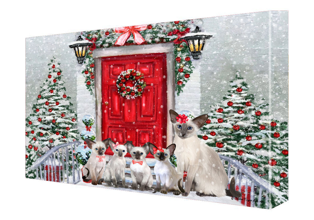 Christmas Holiday Welcome Oriental Blue Point Siamese Cats Canvas Wall Art - Premium Quality Ready to Hang Room Decor Wall Art Canvas - Unique Animal Printed Digital Painting for Decoration