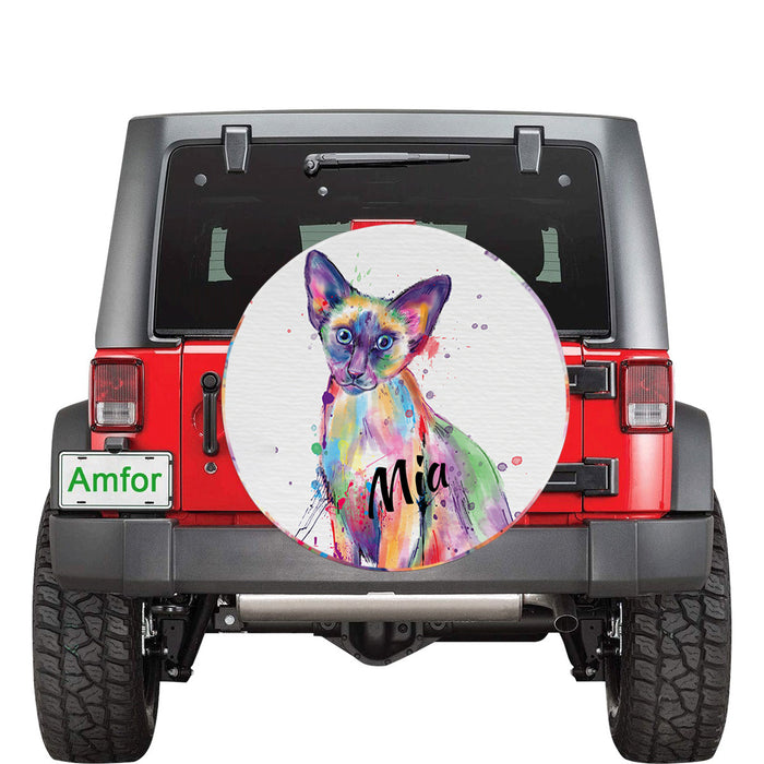 Custom Pet Name Personalized Watercolor Oriental Blue Point Siamese Cat Car Tire Cover