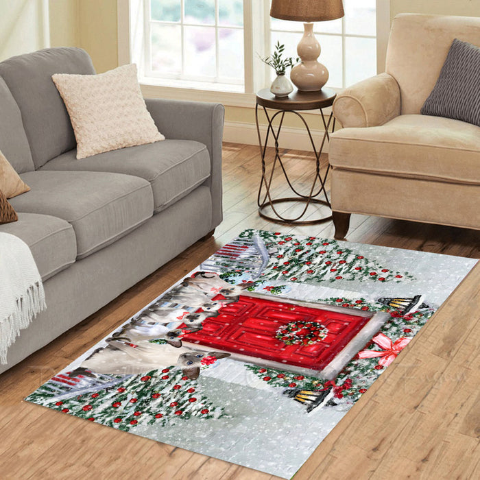 Christmas Holiday Welcome Oriental Blue Point Siamese Cats Area Rug - Ultra Soft Cute Pet Printed Unique Style Floor Living Room Carpet Decorative Rug for Indoor Gift for Pet Lovers