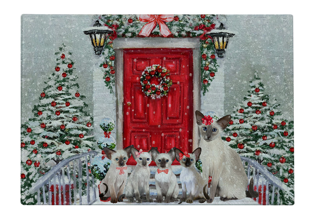 Christmas Holiday Welcome Oriental Blue Point Siamese Cats Cutting Board - For Kitchen - Scratch & Stain Resistant - Designed To Stay In Place - Easy To Clean By Hand - Perfect for Chopping Meats, Vegetables