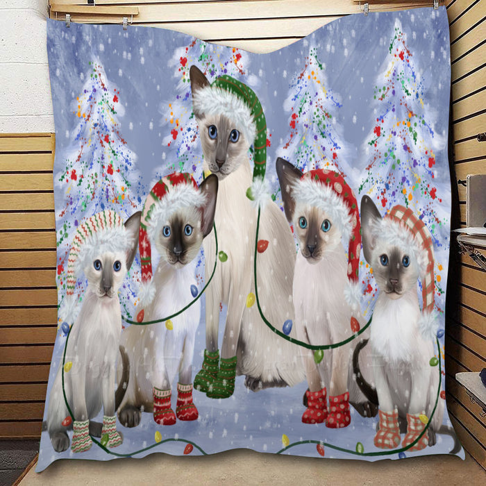 Christmas Lights and Oriental Blue Point Siamese Cats  Quilt Bed Coverlet Bedspread - Pets Comforter Unique One-side Animal Printing - Soft Lightweight Durable Washable Polyester Quilt