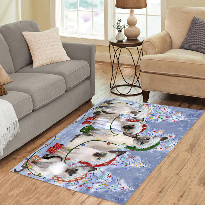 Christmas Lights and Oriental Blue Point Siamese Cats Area Rug - Ultra Soft Cute Pet Printed Unique Style Floor Living Room Carpet Decorative Rug for Indoor Gift for Pet Lovers
