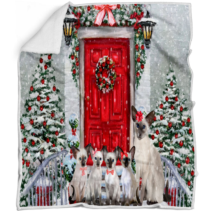 Christmas Holiday Welcome Oriental Blue Point Siamese Cats Blanket - Lightweight Soft Cozy and Durable Bed Blanket - Animal Theme Fuzzy Blanket for Sofa Couch