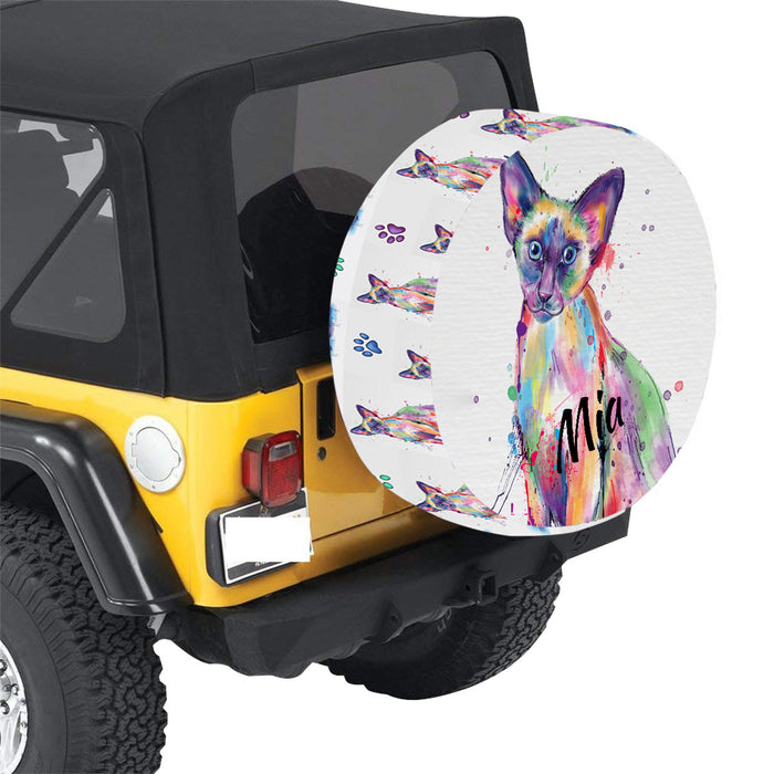Custom Pet Name Personalized Watercolor Oriental Blue Point Siamese Cat Car Tire Cover