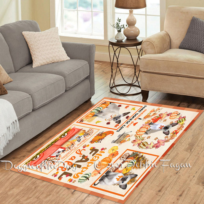 Happy Fall Y'all Pumpkin Oriental Blue Point Siamese Cats Polyester Living Room Carpet Area Rug ARUG66992