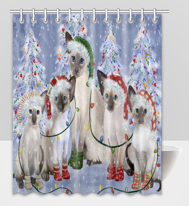Christmas Lights and Oriental Blue Point Siamese Cats Shower Curtain Pet Painting Bathtub Curtain Waterproof Polyester One-Side Printing Decor Bath Tub Curtain for Bathroom with Hooks
