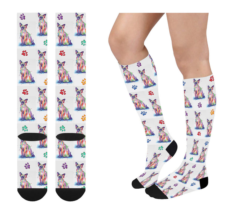 Watercolor Oriental Blue Point Siamese Cats Women's Over the Calf Socks
