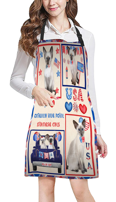 4th of July Independence Day I Love USA Oriental Blue Point Siamese Cats Apron - Adjustable Long Neck Bib for Adults - Waterproof Polyester Fabric With 2 Pockets - Chef Apron for Cooking, Dish Washing, Gardening, and Pet Grooming