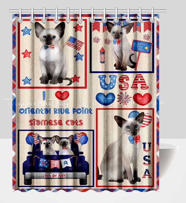 4th of July Independence Day I Love USA Oriental Blue Point Siamese Cats Shower Curtain Pet Painting Bathtub Curtain Waterproof Polyester One-Side Printing Decor Bath Tub Curtain for Bathroom with Hooks