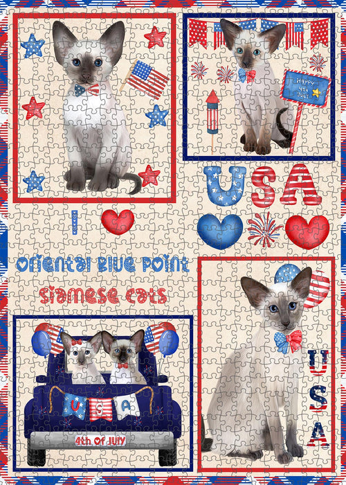 4th of July Independence Day I Love USA Oriental Blue Point Siamese Cats Portrait Jigsaw Puzzle for Adults Animal Interlocking Puzzle Game Unique Gift for Dog Lover's with Metal Tin Box