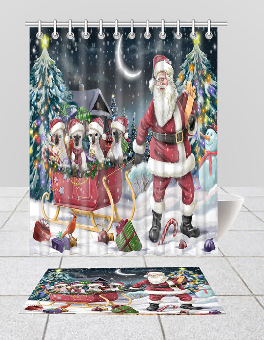 Santa Sled Dogs Christmas Happy Holidays Oriental Blue Point Siamese Cats Bath Mat and Shower Curtain Combo