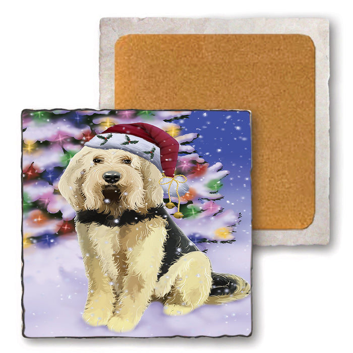 Winterland Wonderland Otterhound Dog In Christmas Holiday Scenic Background Set of 4 Natural Stone Marble Tile Coasters MCST50710
