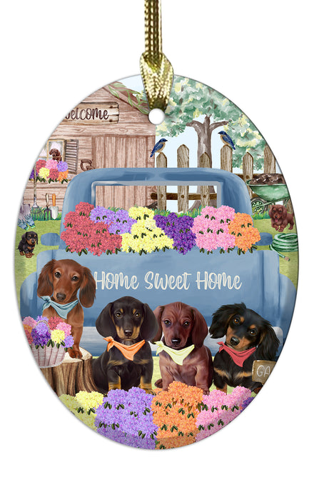 Rhododendron Home Sweet Home Garden Blue Truck Dachshund Dog Oval Glass Christmas Ornament