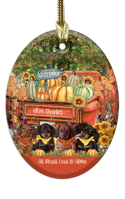 Copy ofAll Roads Lead to Home Orange Truck Harvest Fall Pumpkin Dachshund Dog Oval Glass Christmas Ornament
