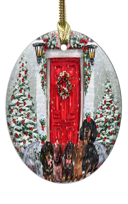 Christmas Holiday Welcome Red Door Dachshund Dog Oval Glass Christmas Ornament