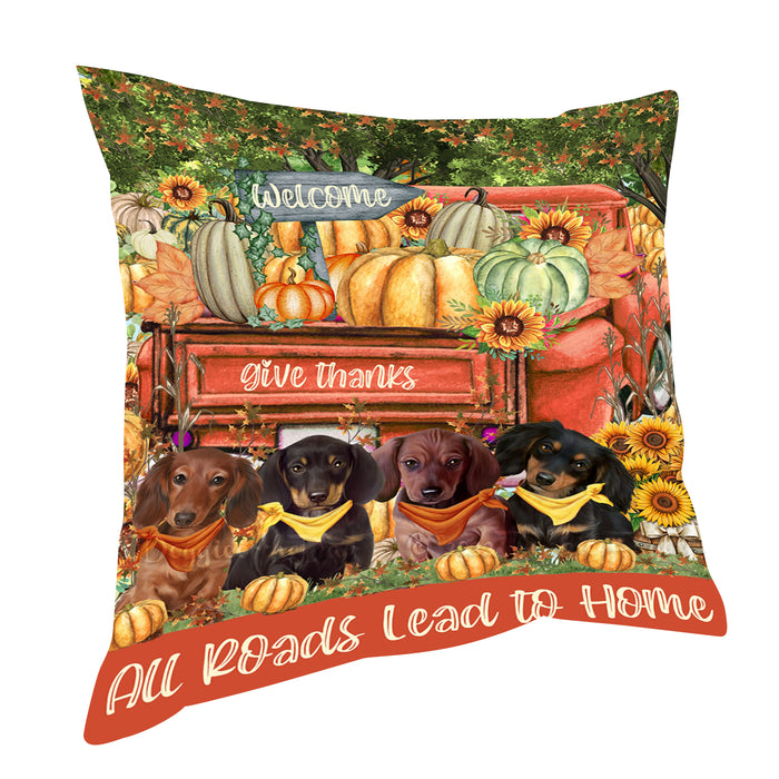 All Roads Lead to Home Orange Truck Harvest Fall Pumpkin Dachshund Dog Pillow with Top Quality High-Resolution Images - Ultra Soft Pet Pillows for Sleeping - Reversible & Comfort - Cushion for Sofa Couch Bed - 100% Polyester