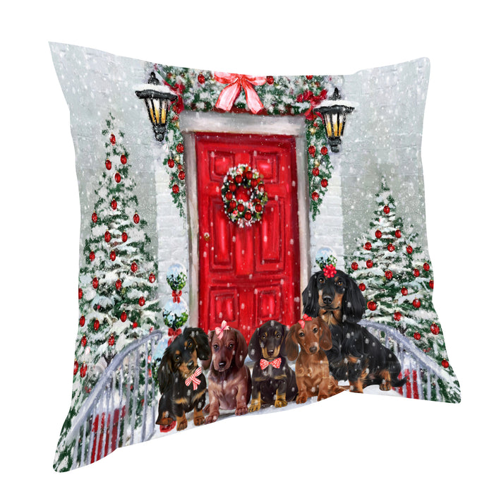Christmas Holiday Welcome Red Door Dachshund Dog Pillow with Top Quality High-Resolution Images - Ultra Soft Pet Pillows for Sleeping - Reversible & Comfort - Cushion for Sofa Couch Bed - 100% Polyester