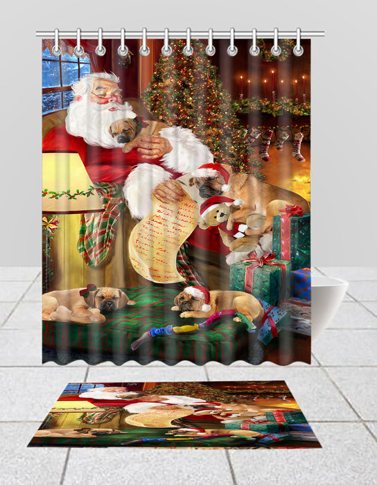 Santa Sleeping with Puggle Dogs  Bath Mat and Shower Curtain Combo