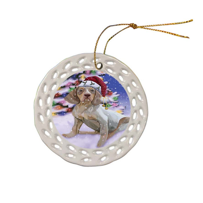 Winterland Wonderland Pachon Navarr Dog In Christmas Holiday Scenic Background Ceramic Doily Ornament DPOR56067