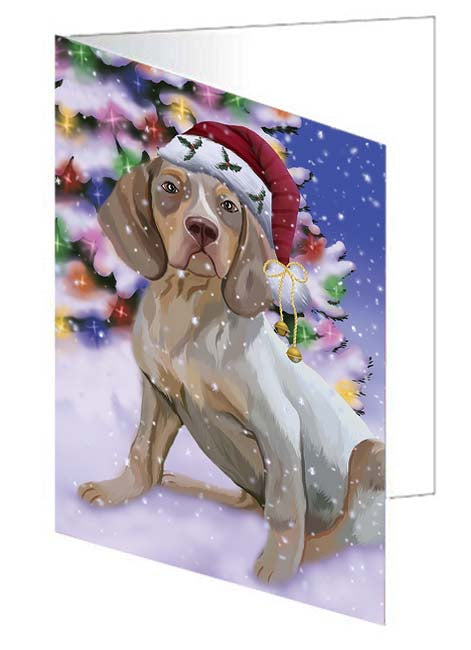 Winterland Wonderland Pachon Navarr Dog In Christmas Holiday Scenic Background Handmade Artwork Assorted Pets Greeting Cards and Note Cards with Envelopes for All Occasions and Holiday Seasons GCD71648