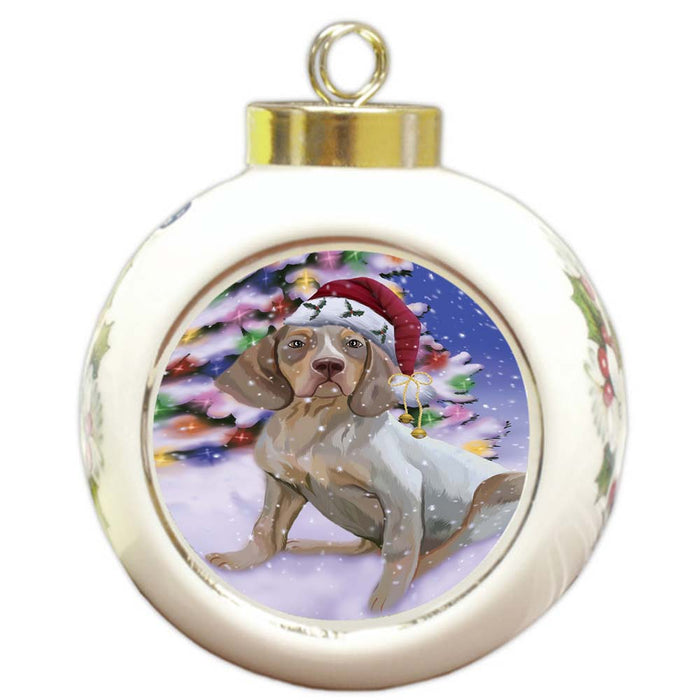 Winterland Wonderland Pachon Navarr Dog In Christmas Holiday Scenic Background Round Ball Christmas Ornament RBPOR56067