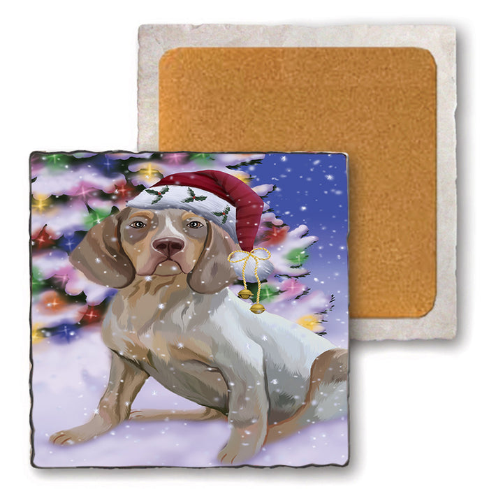 Winterland Wonderland Pachon Navarr Dog In Christmas Holiday Scenic Background Set of 4 Natural Stone Marble Tile Coasters MCST50711