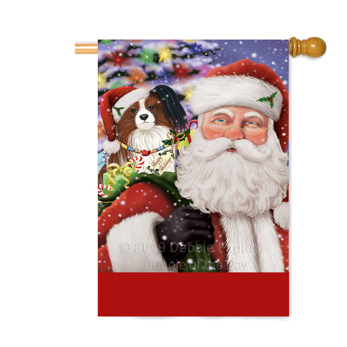 Personalized Santa Carrying Papillion Dog and Christmas Presents Custom House Flag FLG-DOTD-A63495