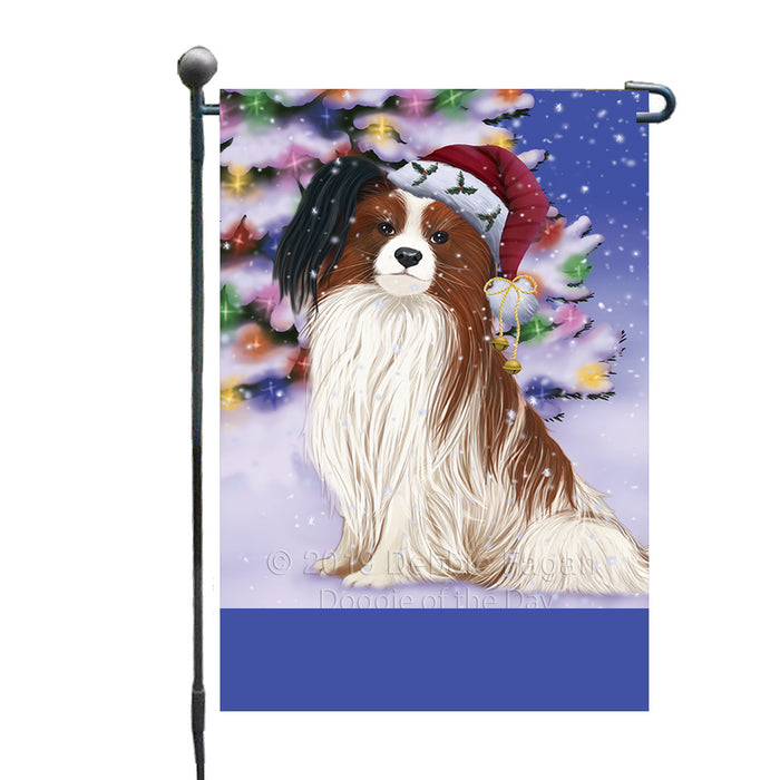 Personalized Winterland Wonderland Papillion Dog In Christmas Holiday Scenic Background Custom Garden Flags GFLG-DOTD-A61356