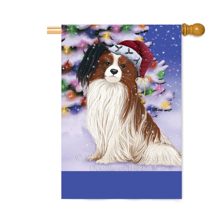 Personalized Winterland Wonderland Papillion Dog In Christmas Holiday Scenic Background Custom House Flag FLG-DOTD-A61412