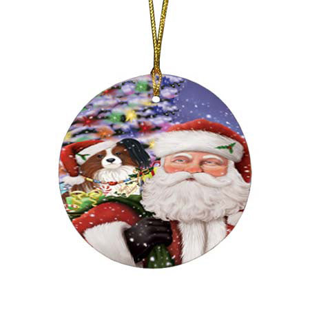 Santa Carrying Papillion Dog and Christmas Presents Round Flat Christmas Ornament RFPOR55871