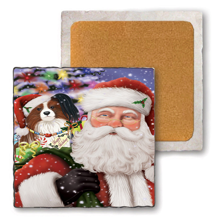 Santa Carrying Papillion Dog and Christmas Presents Set of 4 Natural Stone Marble Tile Coasters MCST50515