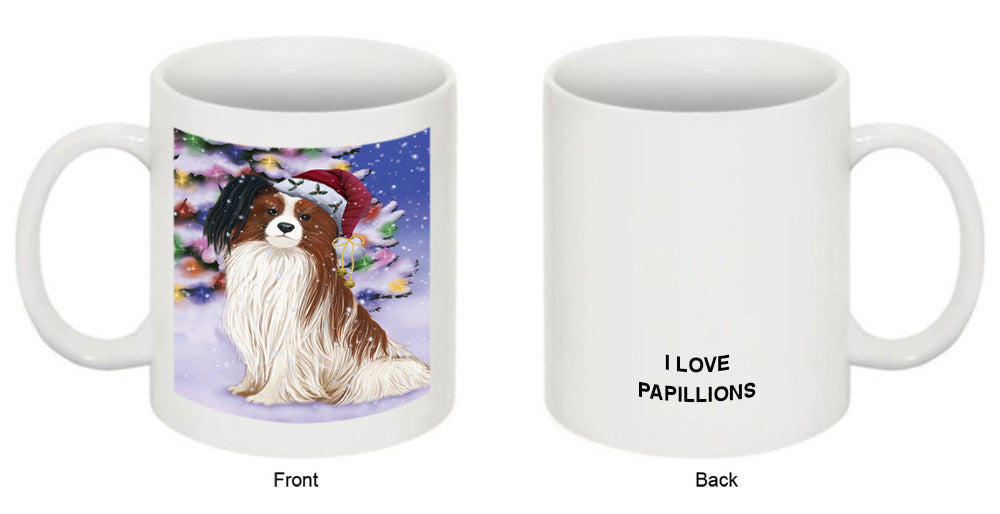 Winterland Wonderland Papillion Dog In Christmas Holiday Scenic Background Coffee Mug MUG51110