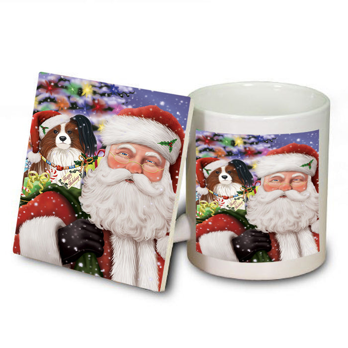 Santa Carrying Papillion Dog and Christmas Presents Mug and Coaster Set MUC55507