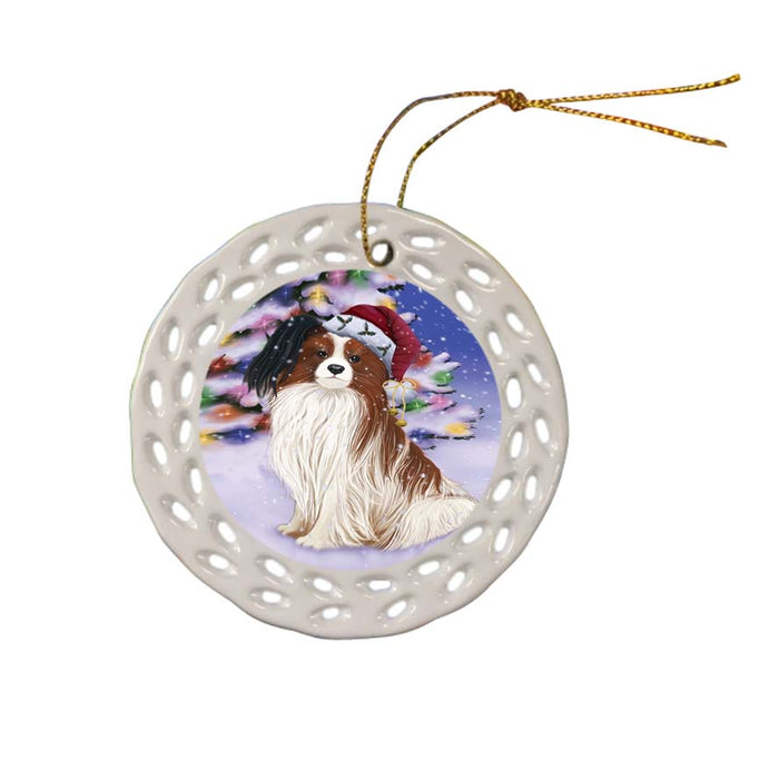 Winterland Wonderland Papillion Dog In Christmas Holiday Scenic Background Ceramic Doily Ornament DPOR56068