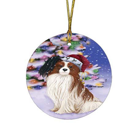 Winterland Wonderland Papillion Dog In Christmas Holiday Scenic Background Round Flat Christmas Ornament RFPOR56068