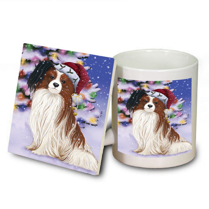 Winterland Wonderland Papillion Dog In Christmas Holiday Scenic Background Mug and Coaster Set MUC55704