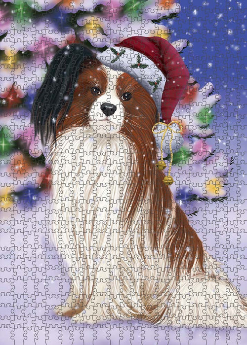 Winterland Wonderland Papillion Dog In Christmas Holiday Scenic Background Puzzle with Photo Tin PUZL91052